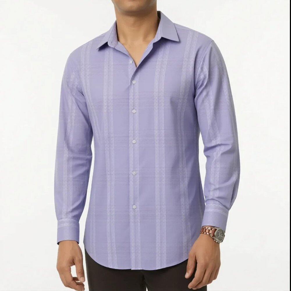 Calvin Klein Men's Dress Shirt Purple Plaid Button Down Long Sleeve Cotton